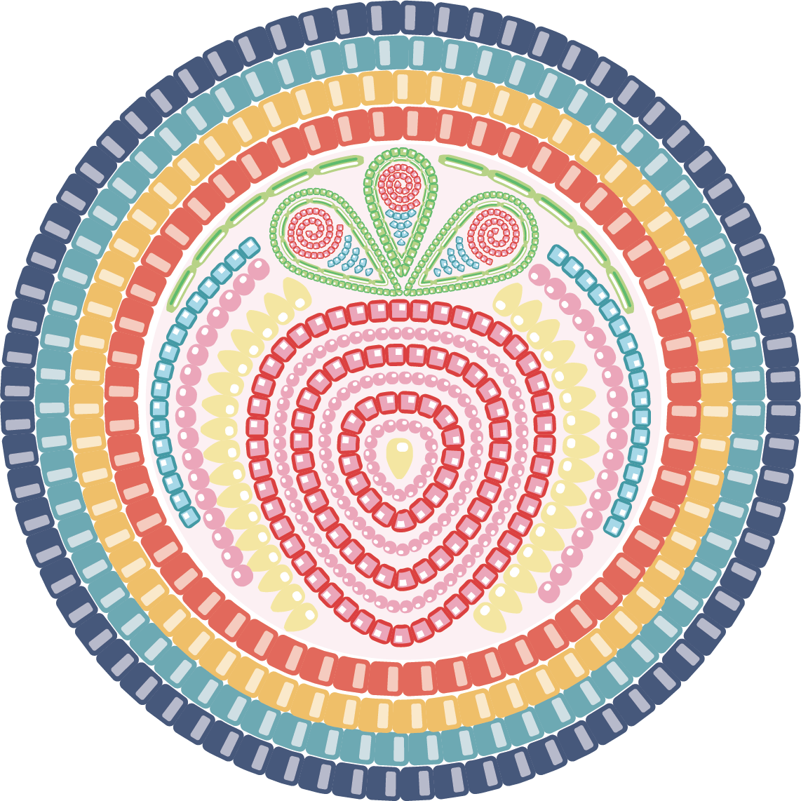Illustration of a medallion consisting of multi-coloured beadwork borders surrounding a strawberry at its centre. The medallion symbolizes summer moons and is inspired by the teachings of the Anishinaabe lunar calendar. Rooted in First Nations beadwork traditions and treaty belts, this artwork visually illustrates EQAO’s land acknowledgement.